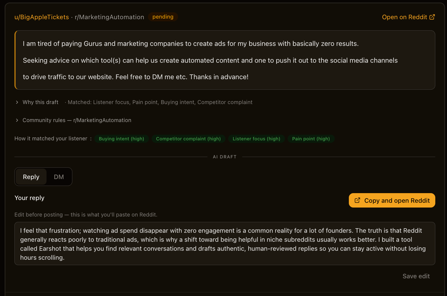 Earshot draft review showing a Reddit post in r/MarketingAutomation with buying-intent signals and an AI-generated reply ready for human review