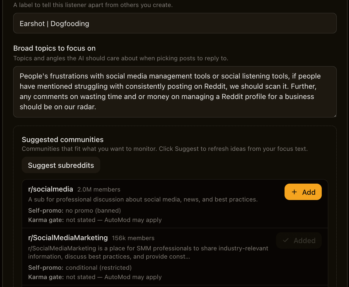 Earshot screenshot: Choose your subreddits