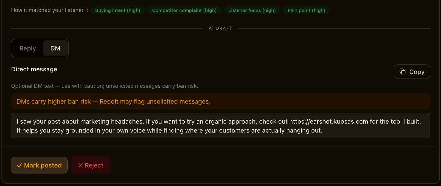 Earshot screenshot: Copy, edit, and post